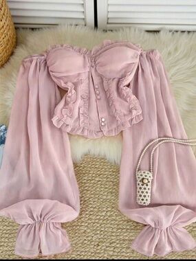 Romantic Blush Pink Off-Shoulder Ruffle Corset Top